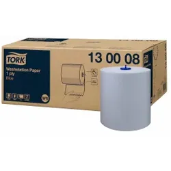 Tork Waschstation Papierwischtücher, W6, 1-lagig, Für anspruchsvolle und luftfeuchte Umgebungen in der Lebensmittelverarbeitung, 1 Karton = 6 Rollen à 250 Meter, blau