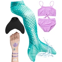 Meerjungfrauenflosse für Mädchen, Kinder, Jugendliche Schwimmfosse mit Bikini und Tattoos | türkis lila