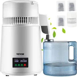 Vevor 4 L Wasserdestilliergerät 750 W Destillierer Edelstahl Wasserdestilliergerät 1 L/Std Doppelte Temperaturanzeige Wasserdestilliergerät