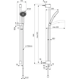 Ideal Standard Idealrain Brausegarnitur mit Stange 2 Strahlarten Seide Schwarz BE414XG