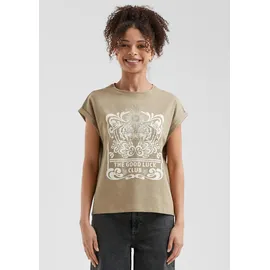 QS Baumwollshirt mit überschnittener Schulter Frontprint - olive - XXL