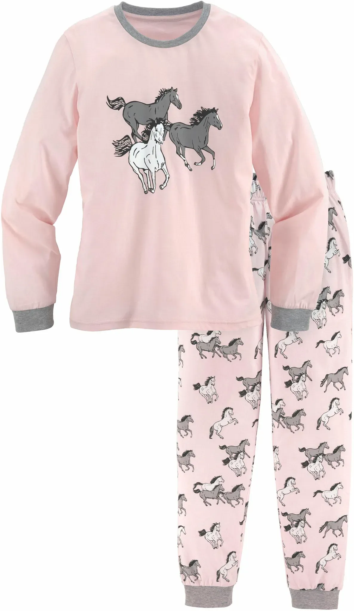 Pyjama PETITE FLEUR, Mädchen, Gr. 158/164, grau (rosa, grau, meliert), Jersey, Obermaterial: 100% Baumwolle. Bündchen (Ärmel): 67% Baumwolle, 33% Polyester, bedruckt, Basic, lässig geschnitten lang, Rundhals, angesetztes Bündchen, Homewear-Sets Pyjama, Schlafanzug in langer Form mit Pferde Print