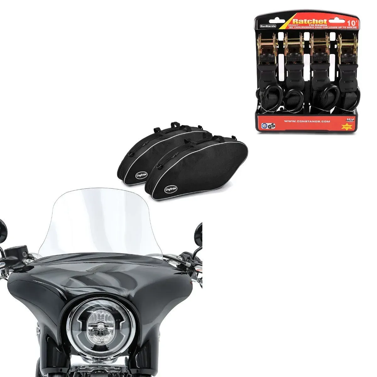 Set: Set SL1 Motorrad Windschutz Craftride L + Koffer Innentasche passend für Harley Davidson Sport Glide 18-24 Craftride + Motorrad Spanngurt Set ConStands mit Ratsche und Haken inkl 4x Zurrschlaufe in schwarz