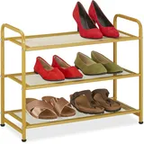 Relaxdays Schuhregal, 6 Paar Schuhe, HxBxT: 48x60x25 cm, Metall Schuhablage, schmal, 3 Ablagen, Flur Schuhgestell, gold
