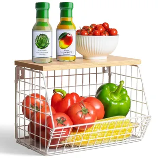 Wawocs Obstschale Obstkorb Etagere für Küchentheke Stapelbar Wandkorb hängend Drahtkörbe mit Holzdeckel mit 2 Bananenaufhänger Haken, Bananenkorbkorb, Obst Aufbewahrung und Gemüse,Weiß