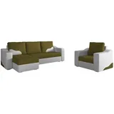 Fun Möbel Ecksofa Set COLLIN Ottomane Links + Sessel Weiss / Olivgrün - Weiß