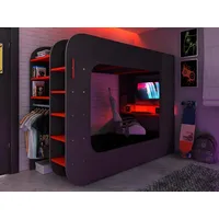 Kauf-Unique Hochbett mit Gaming-Schreibtisch & Stauraum + LEDs - 90 x 200 cm - Anthrazit & Rot - Warrior