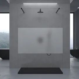 doporro Duschwand Duschtrennwand 100x200 Walk-In Dusche schwarz mit Doppel-Stabilisator aus Echtglas 8mm ESG-Sicherheitsglas Milchglas-Streifen