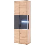 Livetastic Vitrine Kigali, Anthrazit, Eiche, Metall, 3 Fächer, 70x198x37 cm, Made in EU, Wohnzimmer, Wohnwände, Vitrinenschränke