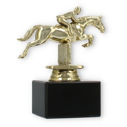 Pokal Kunststofffigur Springreiten gold auf schwarzem Marmorsockel 12,8cm