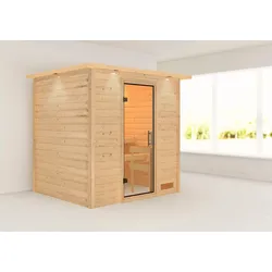 Sauna KARIBU "Anja (Fronteinstieg)", beige (naturbelassen), (ohne Ofen), Saunen, inklusive Ofenschutzgitter und Tür