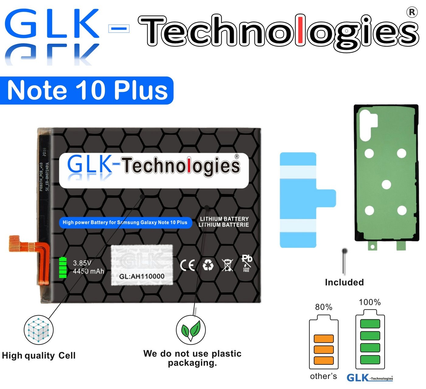 GLK-Technologies High Power Ersatz Akku kompatibel mit Samsung Galaxy Note 10 Plus 5G N975F, GLK-Technologies Battery, accu, 4450mAh, inkl. 2X Klebebandsätze NUE Smartphone-Akku 4450 mAh (3.8 V)