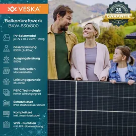 veska Balkonkraftwerk 830 W / 800 W Photovoltaik Solaranlage Steckerfertig WIFI Smarte Mini-PV Anlage 800 Watt genehmigungsfrei, Schwarz