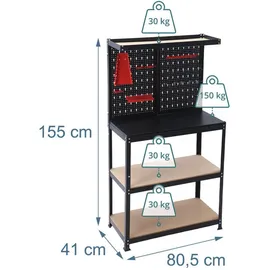 Relaxdays Werkbank, HBT: 155x80,5x41 cm, 3 Ebenen, mit Lochwand, Ablage & Zubehör, Stahl & MDF, Werkstattregal, schwarz