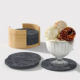 Intirilife 10er Set Filzuntersetzer mit Holzhalterung in Dunkel Grau - Gr.: onesize