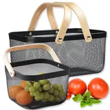 Nexboraque Picknickkörbe, Metallgeflecht, Erntekorb mit faltbarem Holzgriff, rechteckiger Garten-Aufbewahrungskorb für Gemüse, Obst, Garten, Küchenschrank, Pflücken, Versammlung, 2 Stück