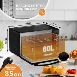 Homelux Minibackofen 60 Liter 2000W Pizza-Ofen, Mini Backofen mit Hähnchengrill, Ober-/Unterhitze, 60 Min Timer, 100°-230°C, Mini Oven Schwarz - Schwarz