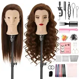 TwoWin Frisierkopf Echthaar mit Ohrlöchern, 60 cm (24 Zoll) Friseurkopf Übungskopf 80% echthaar, Trainingskopf für Friseure für Styling & Friseurpraxis mit DIY Frisuren Set für Friseure (Braun)