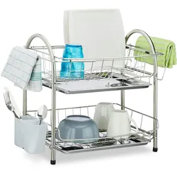 Relaxdays Abtropfgestell 2 Etagen, Besteckhalter Abtropfgitter Abtropfschale, Edelstahl HxBxT: 39,5 x 60 x 28 cm, silber