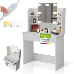 Juskys Schminktisch Zoey mit LED-Beleuchtung & Stauraum, moderne Oberfläche mit Schublade – Weiß