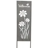 levandeo Gartenstecker Willkommen H83cm Stele Grau Betonoptik Gartenschild Schmetterling Garten-Deko Gartenstecker Gartenstele Blume