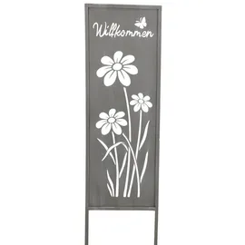 levandeo Gartenstecker Willkommen H83cm Stele Grau Betonoptik Gartenschild Schmetterling Garten-Deko Gartenstecker Gartenstele Blume