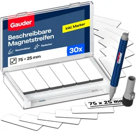 Gauder Magnetetiketten beschreibbar - Wiederverwendbare Magnetschilder zum Beschriften für Whiteboard, Tafel, Kanban-Board und Kühlschrank - Magnetkarten mit Marker (30 Stück - 75 x 25 mm)