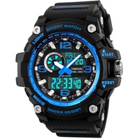 TONSHEN Herrenuhr Sportuhr Outdoor Militär 50M Wasserdicht Uhren LED Analog Quarz DREI Zeit Digitaluhr Alarm Countdown Armbanduhr (Blau)