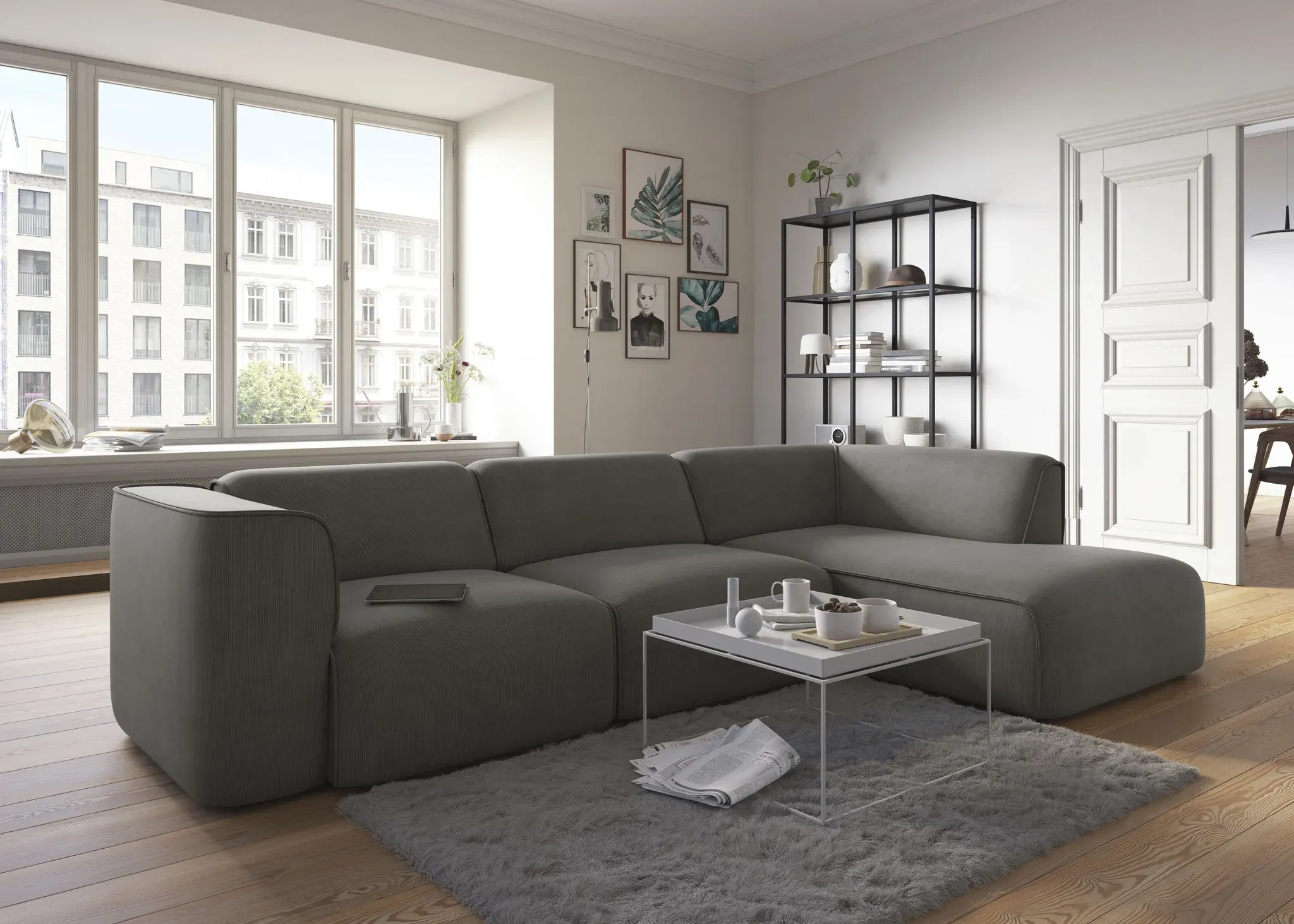 Ecksofa RAUM.ID "Merid jederzeit durch Module erweiterbar L-Form", grau, B:295cm H:70cm T:162cm, Struktur fein (100% Polyester), Samtoptik (100% Polyester), Samtcord (92% Polyester, 8% Polyamid), Sofas, als Modul oder separat verwendbar, für individuelle Zusammenstellung