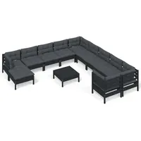 vidaXL 12-tlg. Garten-Lounge-Set mit Kissen Schwarz Kiefernholz