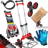 Masko MASKO® Stufen-Sackkarre Treppenkarre Klappbar 80 kg Tragkraft 3x3 Treppensteiger inkl. Rädern + Expanderseil + Handschuhe - höhenverstellbarer Griff - Aluminium Handkarre für Transportkarre