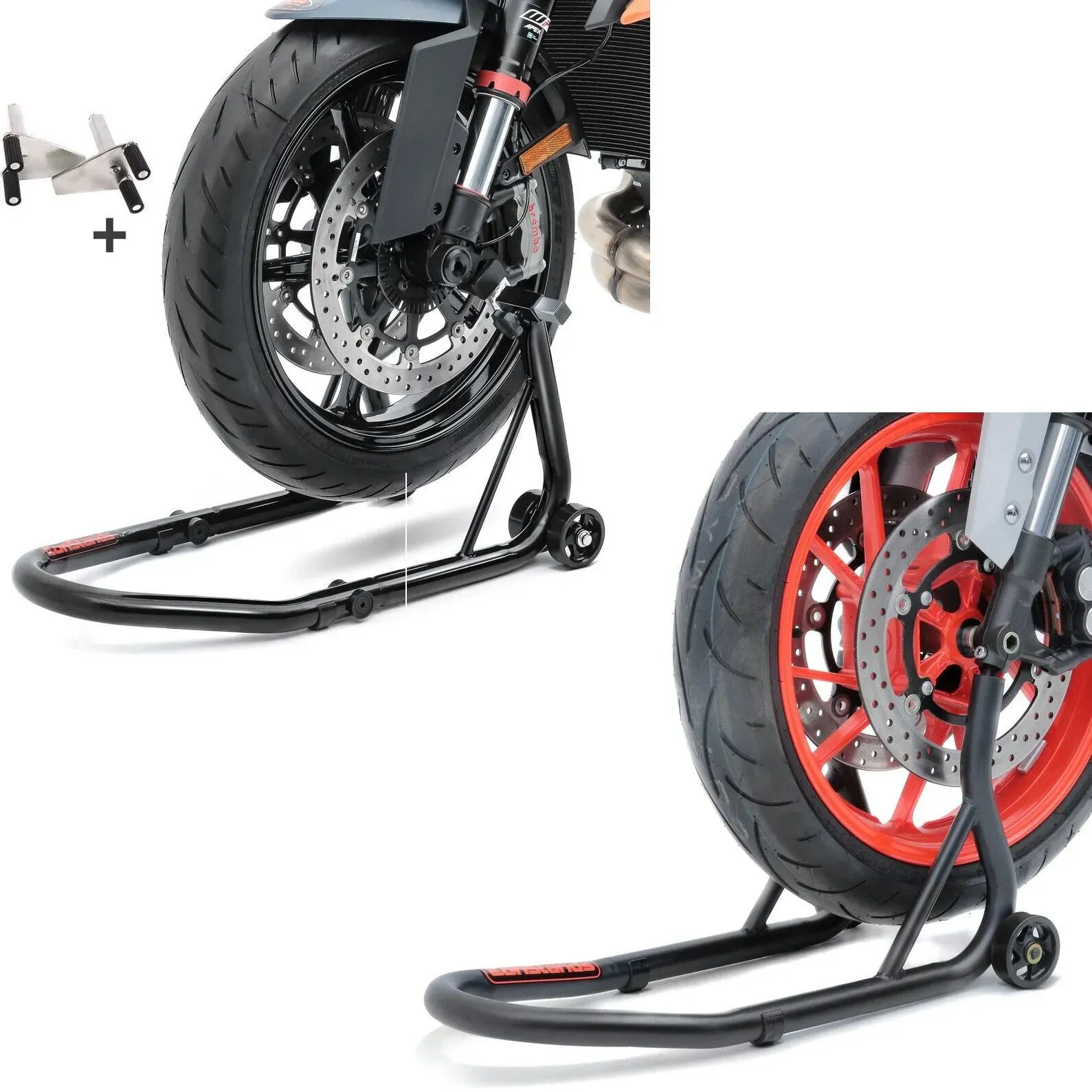 Set: Montageständer Vorderrad Racing S Motorradständer V-Aufnahme + Montageständer Vorderrad Fork Motorradständer mit Dornaufnahme matt