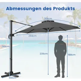 Costway Runder Sonnenschirm Ø 300 cm Grau