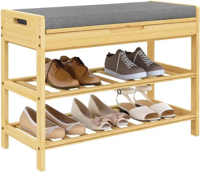 WOLTU Schuhregal Schuhschrank mit Sitzbank, Schuhbank aus Bambus, mit Sitzfläche, 2 Schuhablagen, 1 geschlossenem Staufach, für Flur Eingang Wohnzimmer, 68x50x30cm