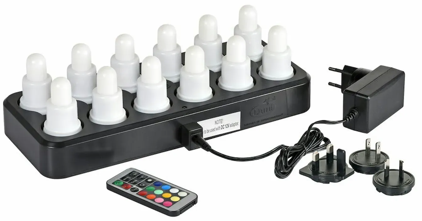 Duni 12er LED-Set 206435 Multicolor & Warmweiss 12 Stunden Brenndauer inkl. Fernbedienung und 12er Ladestation (Produktionsdatum 2025)