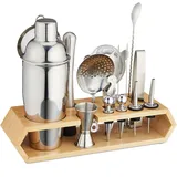 Relaxdays Cocktail-Set Cocktail Set, 16-tlg. Barset mit Ständer, Shaker, Barmaß, Barlöffel, Zange, Edelstahl & Bambus, Natur, 70%, Silber,