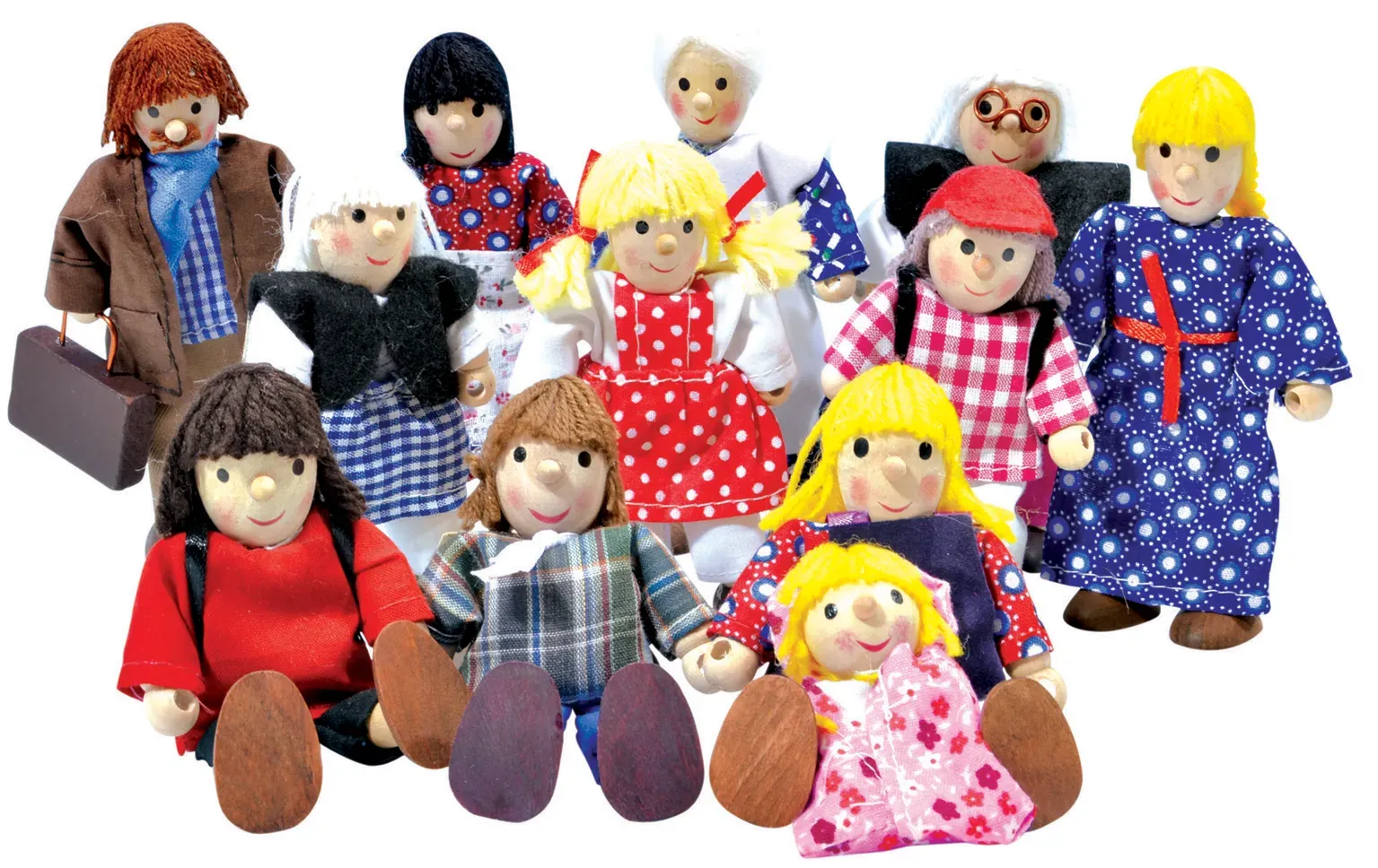 Biegepuppen Familienset 12-teilig 9-12,5 cm bunt, hochwertiger Kunststoff - Winzling - Flexible Glieder, detailreiche Wollhaare