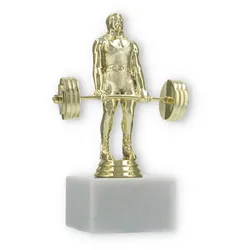 Pokal Kunststofffigur Kraftdreikampf Kreuzheben gold auf weißem Marmorsockel 17,0cm