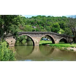 Fototapete PAPERMOON "STEIN-BRÜCKE-FLUSS DORF WALD BÄUME GEBIRGE STRAND ANTIK", bunt, B:5,00m L:2,80m, Vlies, Tapeten