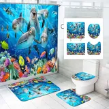 SMchwbc Ozean Delfin Duschvorhang 180x180 180x200 Delfin Fisch Blau Strand Duschvorhänge Set Polyester Delfine Pflanzen Shower Curtains Badezimmerteppich 4-teiliges Set (200 x 240 cm(BxH),7)