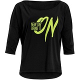 Winshape Damen Ultra leichtes Modal-3/4-Arm Shirt MCS001 mit neon gelbem „New Day Bring it on” Glitzer-Aufdruck, Dance Style, Schwarz-neon-Geld-Glitzer, M