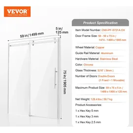 Vevor Rahmenlose Duschtür Schiebetür für Duschabtrennung 1474-1499 x 1905 mm, Dusch-glasschiebetür mit 8 mm klarem Hartglas, wasserdicht bruchsicher, schmutzabweisend, mit Edelstahlbeschlägen