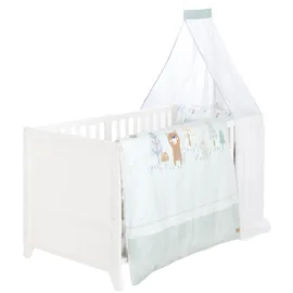 roba Komplettbettset Woodland Buddies 70 x 140 cm aus Holz inkl. Matratze, Bettwäsche, Himmel & Himmelstange - Mitwachsendes Kinderbett ab 6 Monate - Weiß