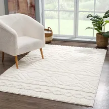 Carpet City Teppich Wohnzimmer Hochflor Creme - 120x170 cm - Rauten Hochtief-Muster, 3D-Effekt - Bettvorleger Schlafzimmer Teppiche Boho, Skandi