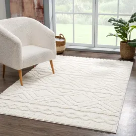 Carpet City Teppich Wohnzimmer Hochflor Creme - 120x170 cm - Rauten Hochtief-Muster, 3D-Effekt - Bettvorleger Schlafzimmer Teppiche Boho, Skandi