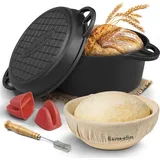 Flavemotion Gusseisen Topf zum Brot backen - Starter-Set mit Gärkorb, Bäckermesser und Rezepten - Brotbackfrom mit Deckel, Gusseisentopf
