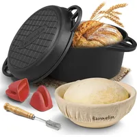 Flavemotion Gusseisen Topf zum Brot backen - Starter-Set mit Gärkorb, Bäckermesser und Rezepten - Brotbackfrom mit Deckel, Gusseisentopf