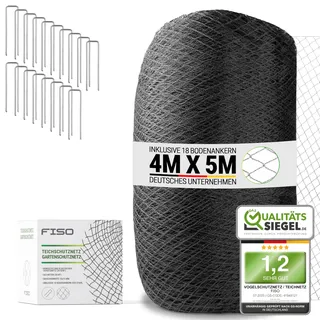 FISO® Teichnetz - 4x5m I Vogelschutznetz engmaschig, robust, witterungs- & UV-beständig I Schwarzes Teich Netz feinmaschig (15x15mm) I Netz zum Schutz von Teich, Balkon, Kirschbaum & Mehr