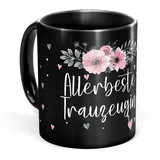 Tassendruck Schwarze Tasse mit Spruch für die allerbeste Trauzeugin - Tasse bedruckt mit Spruch - Geschenk für Trauzeugin, Geschenk Familie | Schwarze Fototasse, 300 ml