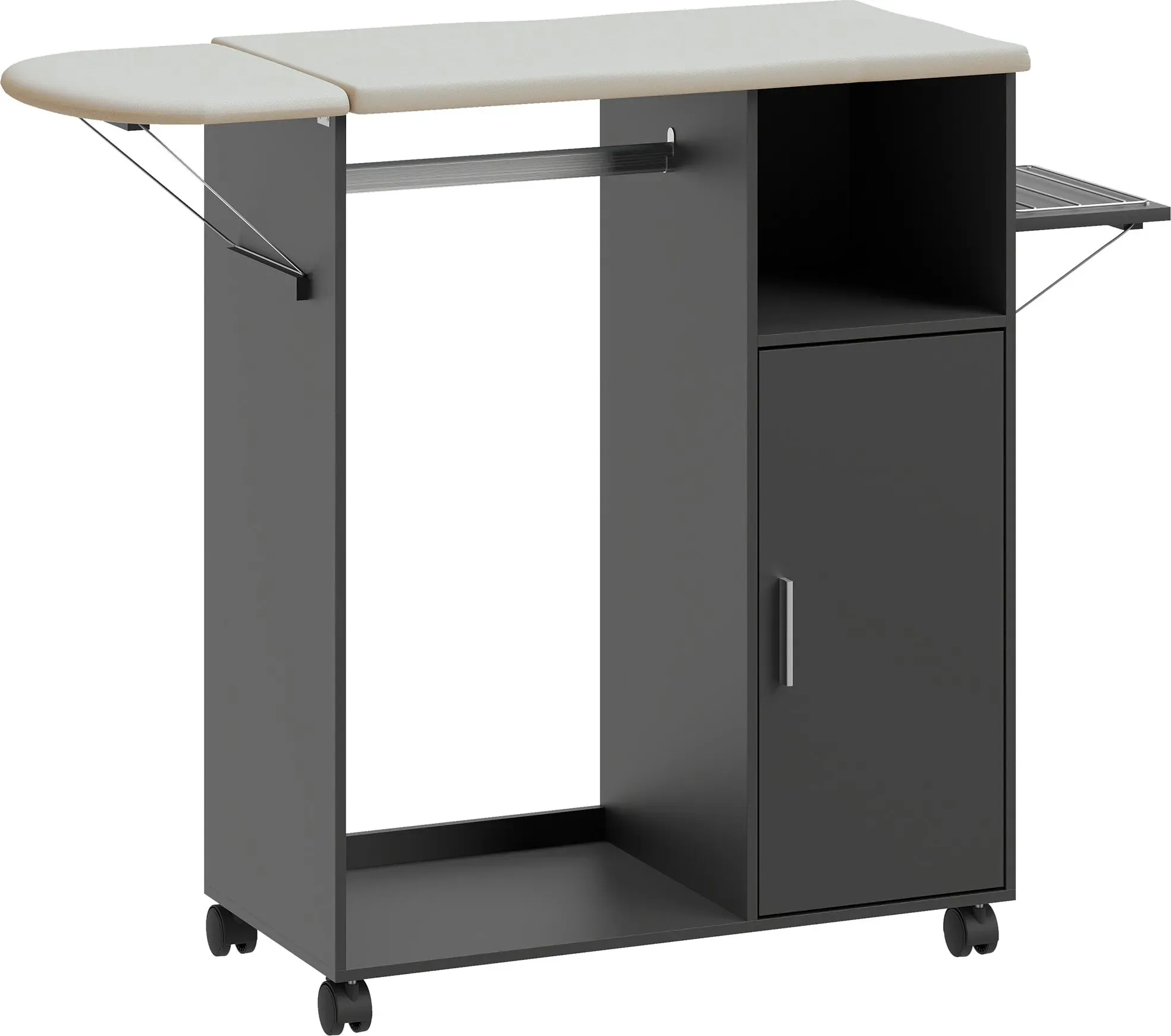 HOMCOM Klappbares Bügelmöbel mit Feststellrollen und Bügeleisenhalter, Multifunktionaler Bügelschrank mit Kleiderstange, verstellbaren Regalen, für Waschküche, Bad, 127x42.5x99 cm, Schwarz   Aosom